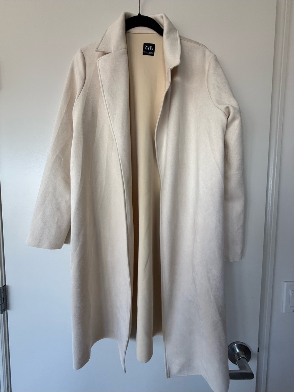 Zara Cream Faux Suede Open-Front Long Coat